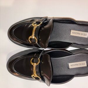 Steve Madden Slip On Chunky Black Loafers with Gold Accent
